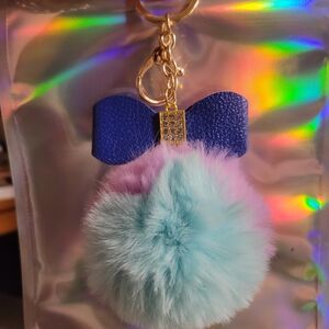 3/$15 Pom Pom Keychain Purse Charm Faux Leather Blue Bow With Rhinestones